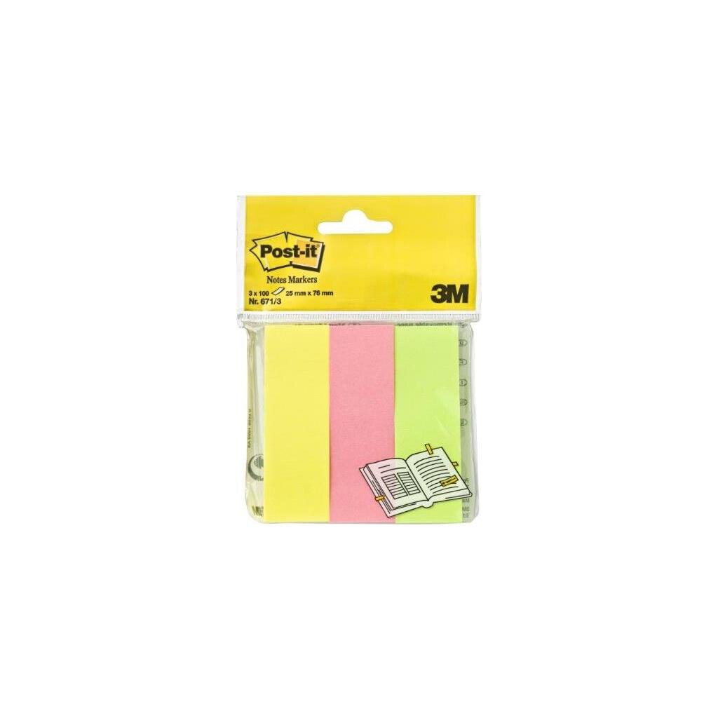 Segnapagina con lembo adesivo 3M Post-It Index 671-3: assortiti, 25 X 76 mm, 100 fogli, blister app. da 3 u. - immagine 2