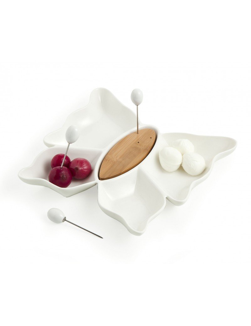 ANTIPASTIERA BUTTERFLY IN PORCELLANA BIANCA E BAMBOO E 3 FORCHETTINE IN ACCIAIO INOX - immagine 2