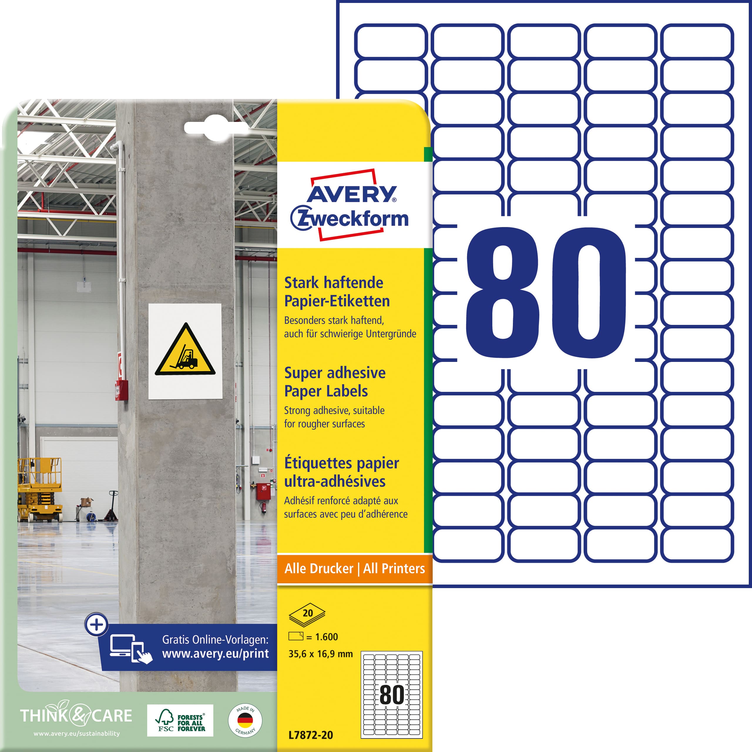 AVERY ZWECKFORM Etichette Univ. 35.6×16.9mm L7872-20 bianco, strong 20 fogli