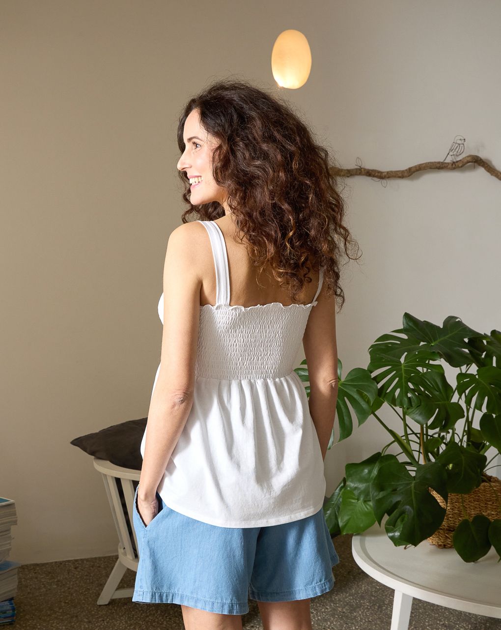 Tank top premaman bianco con punto smock - immagine 4