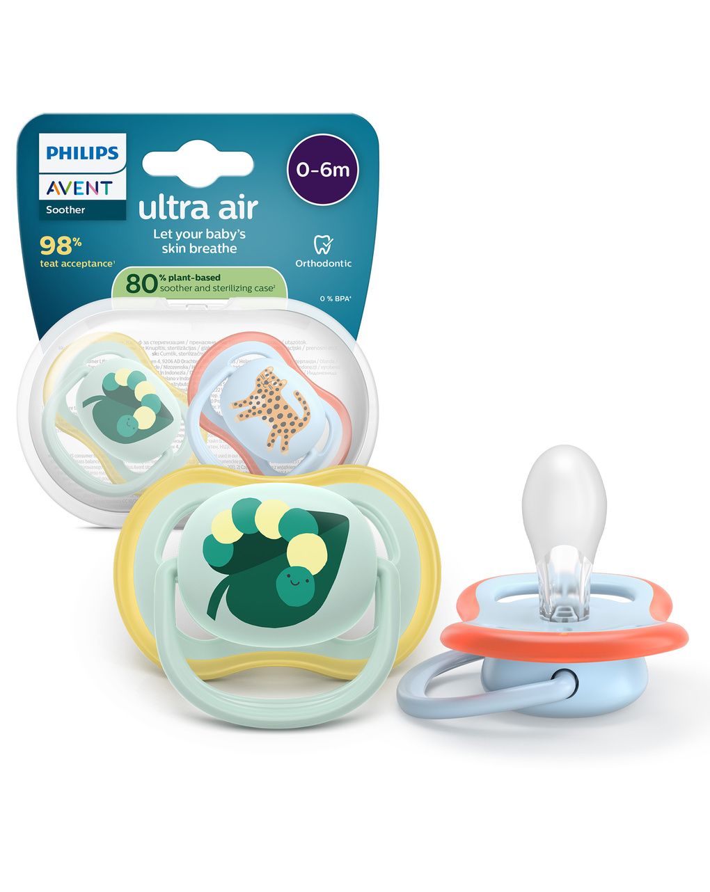 Succhietti ultra air 0-6m foglia e leopardo, a base vegetale – set da 2 ciucci – philips avent - immagine 2