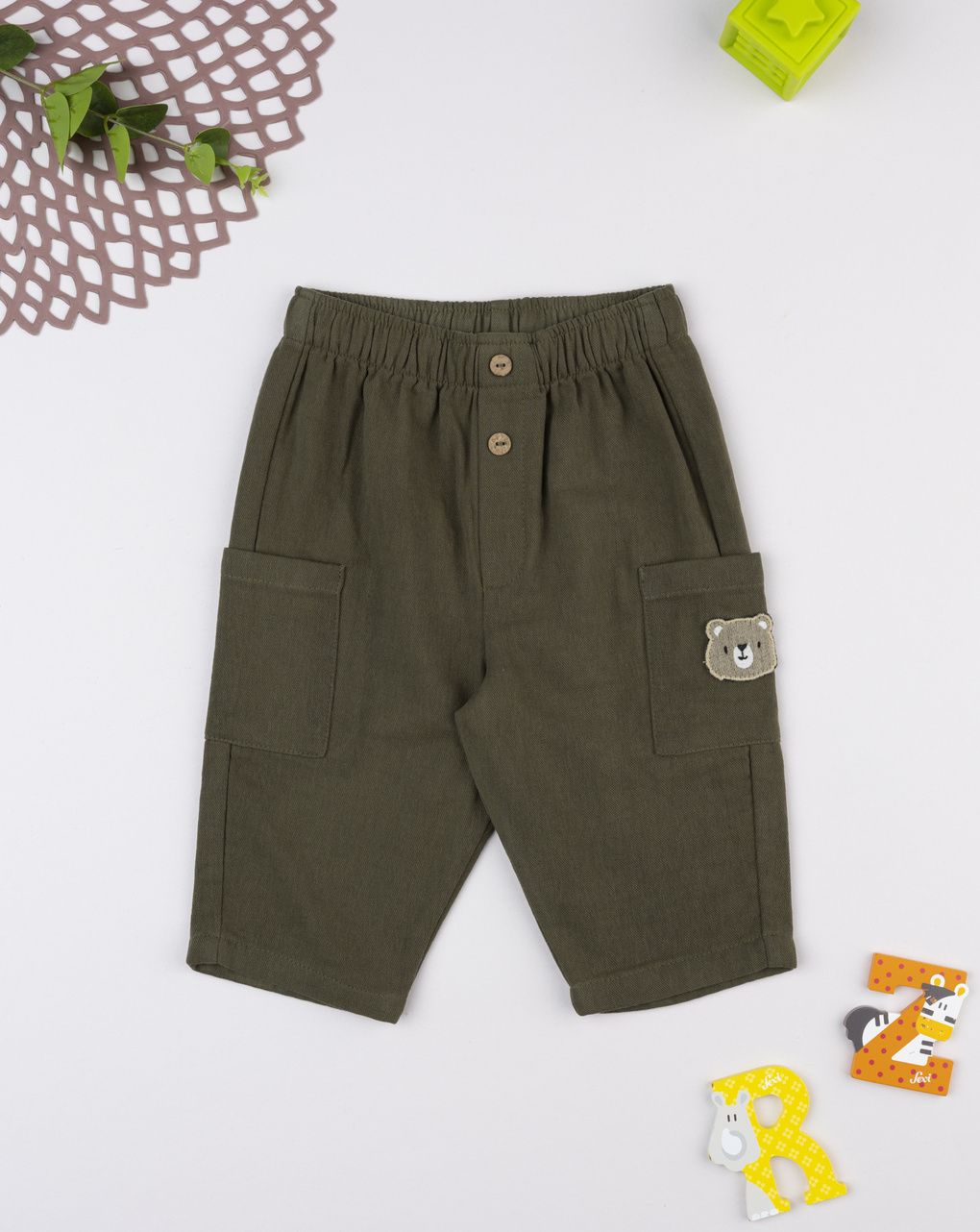 Pantalone bimbo verde patch orso - immagine 2
